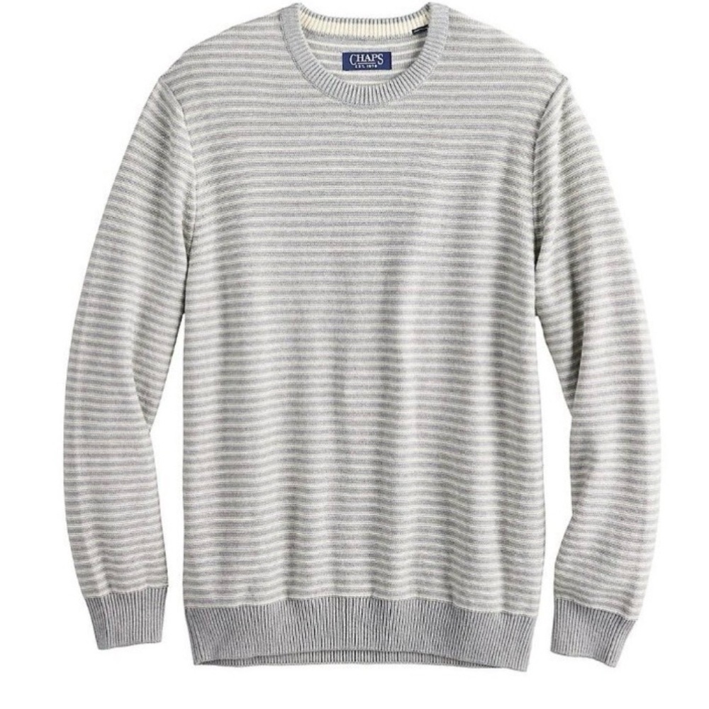 Chaps Sweater Mens XL Classic Fit Crewneck Pullover Stripe Gray & Creme